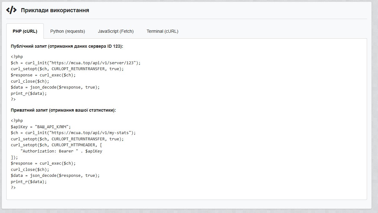 MInecraft api для серверів